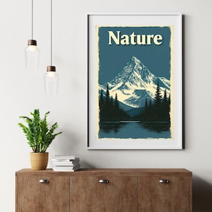 Natur Berg Print – Retro Wildnis Poster mit Wald und Schnee Gipfeln | Digitaler Download