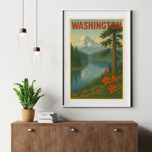 Washington Vintage Travel Poster – Retro Mountain Lake Landscape with Wildflowers | Digital Download