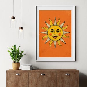 Vintage Sun Face Art – Retro Celestial Wall Art for Boho Decor | Digital Download
