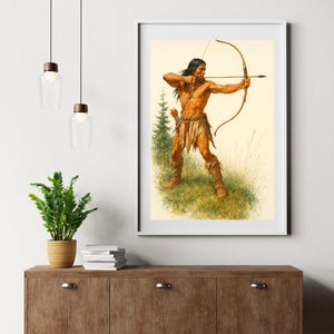 Native Warrior with Bow Print – Vintage Indigenous Archer Wall Art | Digital Download