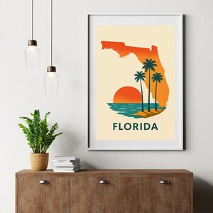 Kaart print Florida zonsondergang – Retro palmboom oceaan muurkunst | Digitale download