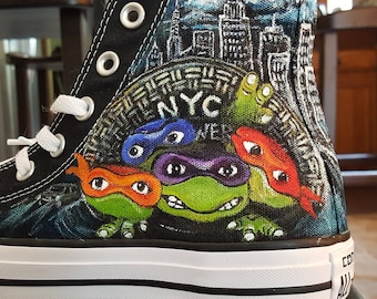 Teenage Mutant Ninja Turtles Hand Painted Converse  4 Sides Full Wrap  Fine Art  Michaelangelo Leonardo Raphael Donatello Shredder Splinter