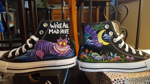 Custom Shoes Hand Painted not Printed High Top Converse Alice in Wonderland  Cheshire Cat Designs 2 full pieces of art painted just for you