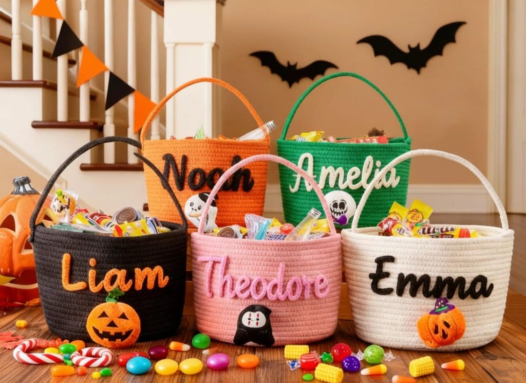 Personalized Halloween Candy Baskets, Custom Embroidered Name Trick or ...
