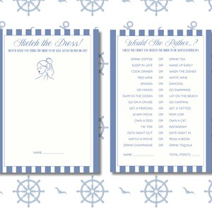 May include: Two nautical-themed bridal shower game cards. One card says "Sketch the Dress!" with a bride illustration. The other card is titled "Would She Rather...?" with a list of choices. Both cards have blue and white striped borders.