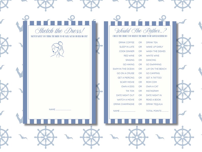 May include: Two nautical-themed bridal shower game cards. One card says "Sketch the Dress!" with a bride illustration. The other card is titled "Would She Rather...?" with a list of choices. Both cards have blue and white striped borders.