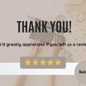 May include: A laptop keyboard with the words "THANK YOU!" in large black text. Below, the text reads "We'd greatly appreciate if you left us a review!" with five gold stars. A logo for "Soul&egrave;ne" is in the bottom right.