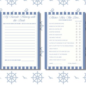 May include: Two nautical-themed game cards for a bridal shower. One card reads "My Favorite Memory with the Bride" and the other reads "Never Has She Ever..." Both cards have a blue and white striped border and are set against a background of nautical symbols.