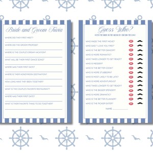 May include: Two nautical-themed bridal shower games. One is "Bride and Groom Trivia" with fill-in-the-blank questions. The other is "Guess Who?" with questions and lipstick and mustache icons for answers. The background is white with nautical patterns.