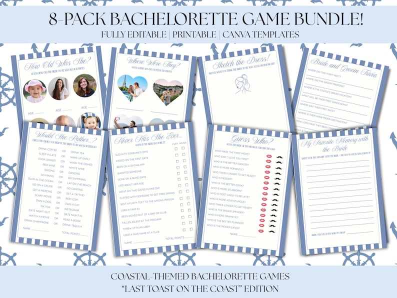 May include: An 8-pack bachelorette game bundle with a coastal theme. The games include "How Old Was She?", "Where Were They?", "Sketch the Dress!", and more. The games are fully editable and printable.