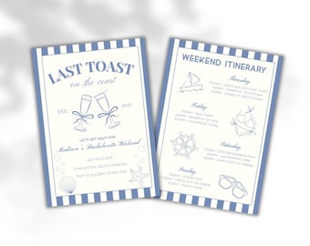 Last Toast on the Coast Bachelorette Invitation & Itinerary: Editable Nautical Canva Template (Digital Download)