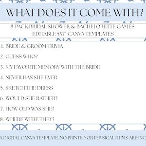 May include: A digital Canva template for bridal shower and bachelorette games. The design features a nautical theme with blue and white colors. The text includes game titles such as "Bride & Groom Trivia" and "Guess Who?"