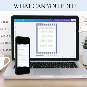 May include: A laptop displays a printable game template, with a smartphone showing the same design. The text "What Can You Edit?" is at the top, with checkmarks next to editing options. A coffee cup and a succulent plant are also visible.