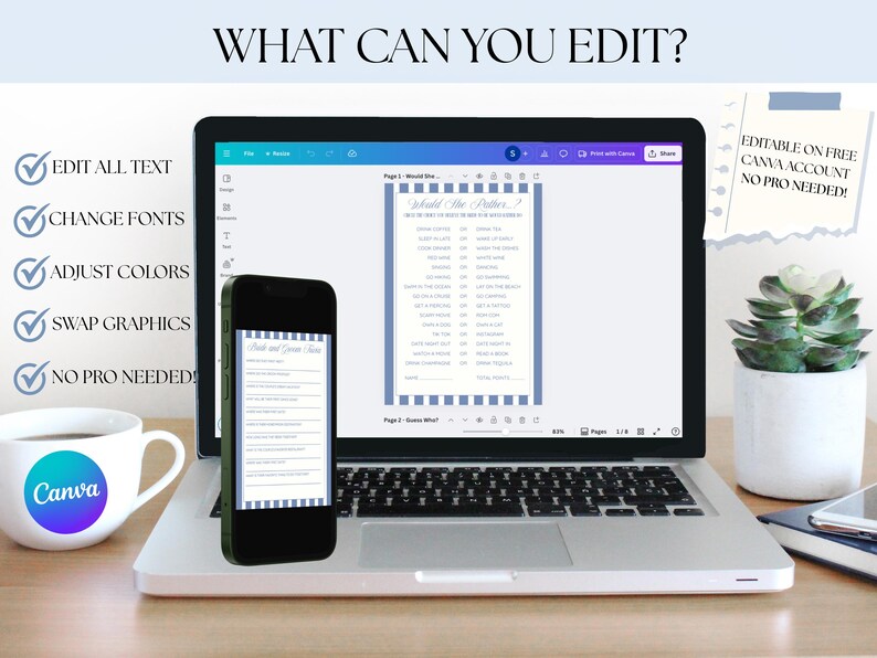 May include: A laptop displays a printable game template, with a smartphone showing the same design. The text "What Can You Edit?" is at the top, with checkmarks next to editing options. A coffee cup and a succulent plant are also visible.