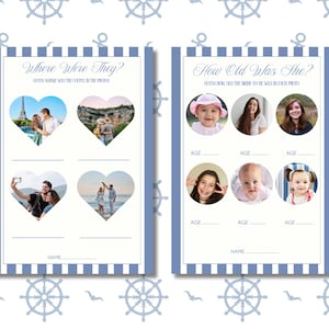 May include: Two nautical-themed game cards with blue and white stripes and anchor patterns. One card asks "Where Were They?" with heart-shaped photo frames. The other asks "How Old Was She?" with circular photo frames and "AGE" labels.