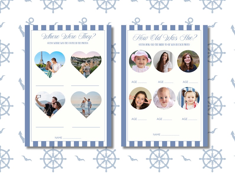 May include: Two nautical-themed game cards with blue and white stripes and anchor patterns. One card asks "Where Were They?" with heart-shaped photo frames. The other asks "How Old Was She?" with circular photo frames and "AGE" labels.