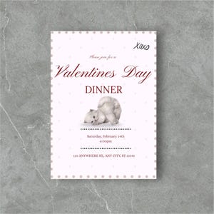 May include: A Valentine's Day dinner invitation with a light pink background and a border of small, light pink polka dots. The invitation includes the text "Valentines Day DINNER" and a watercolor illustration of a fluffy white cat.
