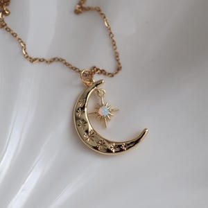 Crescent Moon Necklace, Opal Moon Necklace, Celestial Gold Necklace, Star Moon Pendant, Witchy Jewelry, Dainty Moon Jewelry, Gift for Her