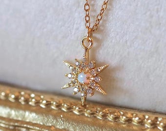Opal Starburst Necklace, 14K Gold Plated Celestial Jewelry