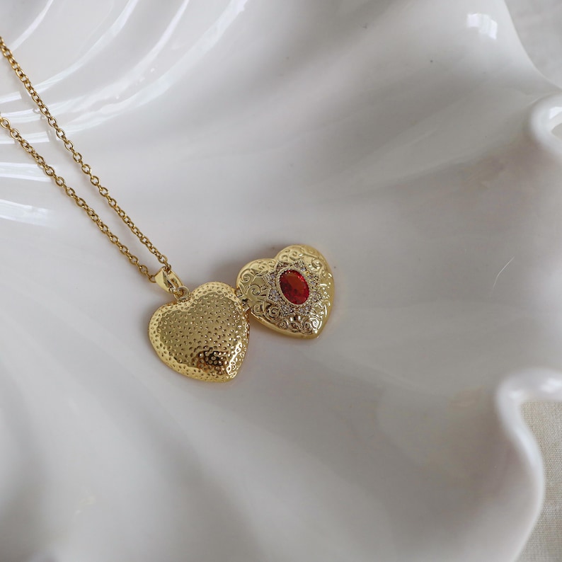 Heart Locket Necklace, Gold Vintage Heart Locket, Red Stone Necklace, Romantic Gift for Her, Dainty Keepsake Jewelry image 10