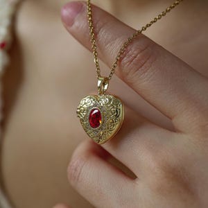 Heart Locket Necklace, Gold Vintage Heart Locket, Red Stone Necklace, Romantic Gift for Her, Dainty Keepsake Jewelry image 6