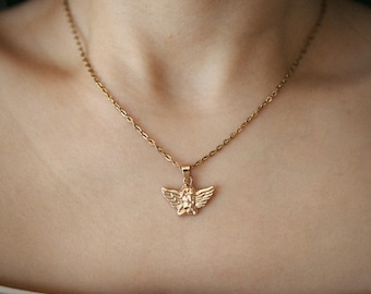 Angel Cherub Necklace, Gold Tone Winged Angel Pendant