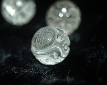 One Vintage Carved Chinese Shou and Dragon Design Clear Crystal Quartz Bead 16mm
