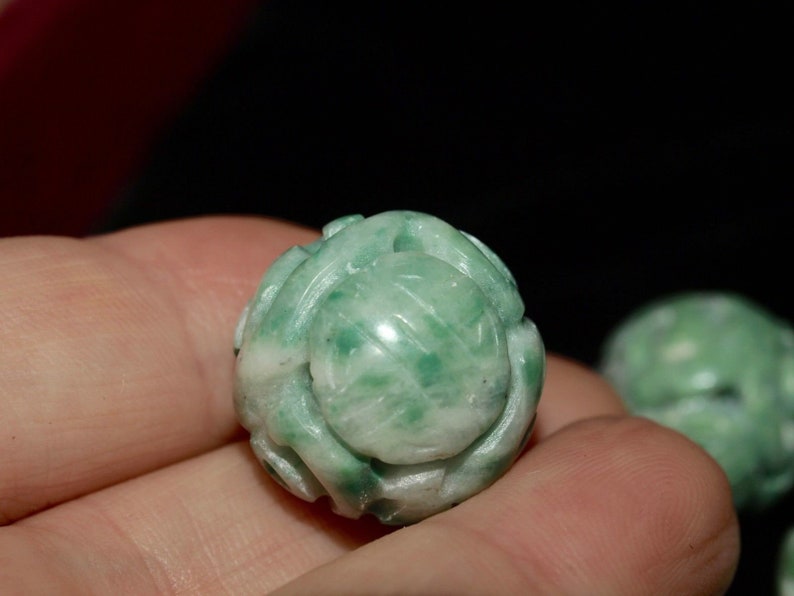 Vintage Chinese Carved Gemstone Bead Green Aventurine Double Shou Round 16mm
