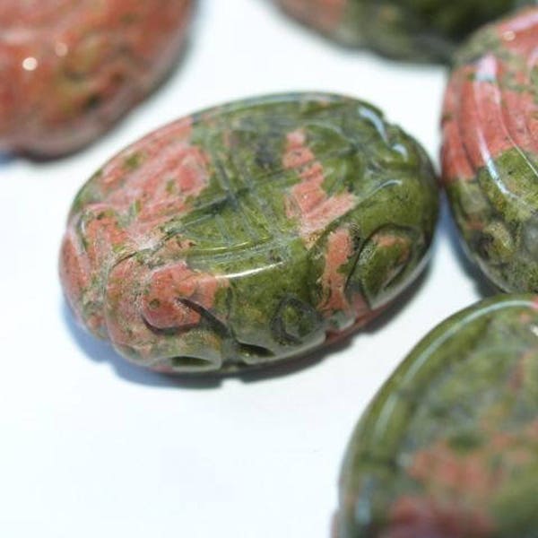 Vintage Carved Chinese Unakite Green Pink Bead Shou Design 25mm x 18mm x 10mm