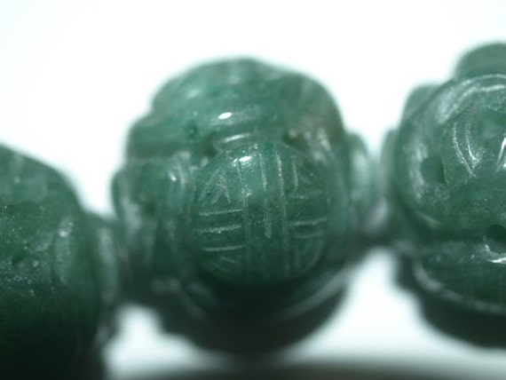 Vintage Chinese Carved Gemstone Bead Green Aventurine Double Shou Round 16mm
