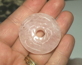 Vintage Carved Chinese Pink Rose Quartz Stone Bi or Pi Disc Large Pendant 40mm