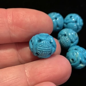 One Vintage Carved Chinese Natural Blue Turquoise Gemstone Bead Round Shou 12mm