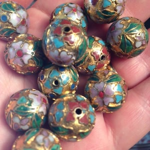 Chinese Vintage Cloisonne Enamel Bead with Gold and Multi-Colored Flowers 16mm