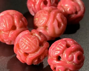 ONE Vintage Carved Chinese Bead Natural Coral Double Shou Round 10mm  - 11mm RARE