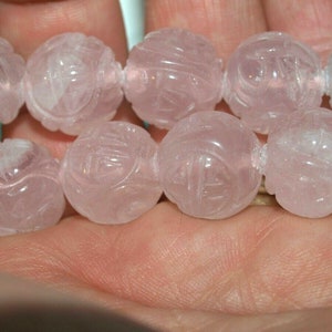 Vintage Carved Chinese Rose Quartz Gemstone Bead Double Shou Design 14mm Round