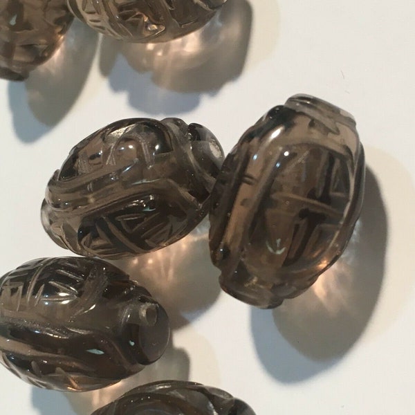 A Vintage Carved Chinese Smoky Quartz Shou Asian Oval Bead 17mm x 12mm