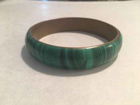 Vintage Deep Green Wide Malachite Bangle Bracelet… - image 1