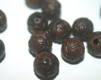 Lot 5x Vintage Carved Chinese Wood Bead Intricate Shou Design Carving Round 11mm