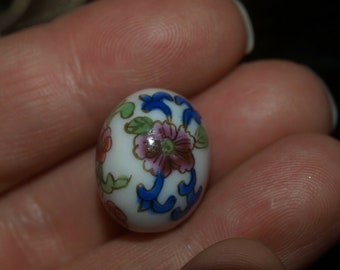 Vintage Hand Painted Chinese Porcelain Focal Bead - Oval 18mm - Blue With Flowers