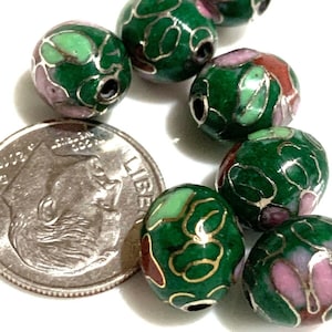 One Vintage Chinese Enamel Cloisonne Green Oval Bead Flowers 11mm x 9mm Beautiful