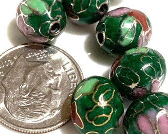 Un vintage chinois émail cloisonné vert ovale perle fleurs 11mm x 9mm belle
