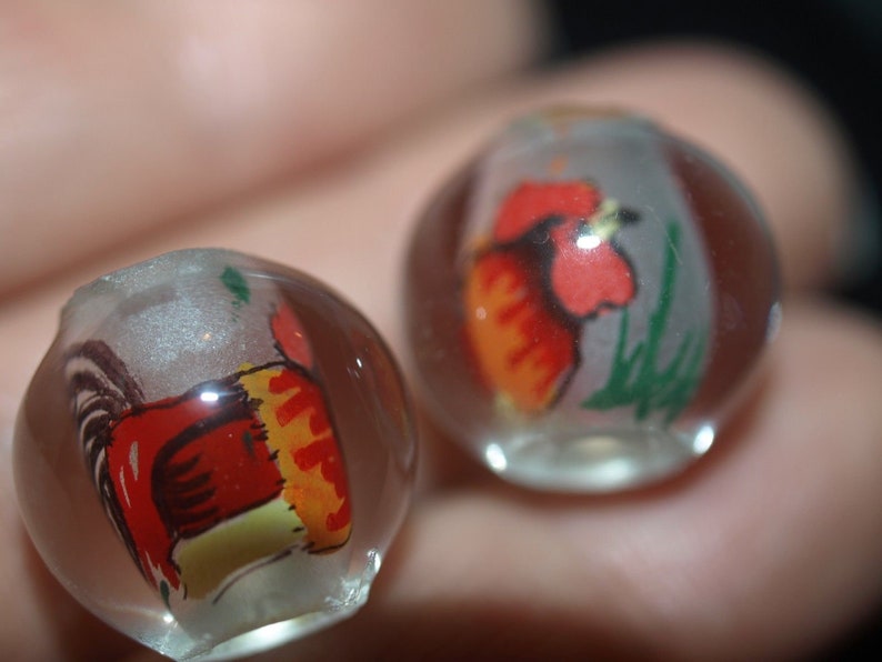 Pair of Vintage Chinese Reverse Painted Glass Beads Tiger 15mm Round