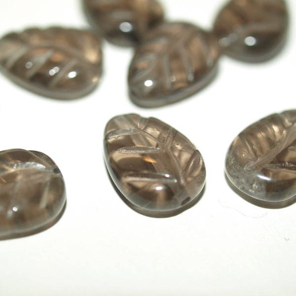 4x Carved Leaf Shaped Smoky Quartz Crystal Natural Gemstone Beads 14mm x 10mm