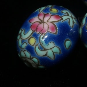 Hand Painted Porcelain Chinese Rare Vintage Focal Bead Blue w/ Flowers Oval 18mm
