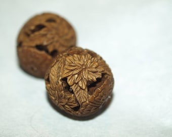 Vintage Carved Chinese Wood Wooden bead chrysanthemum Flower Design carving 22mm