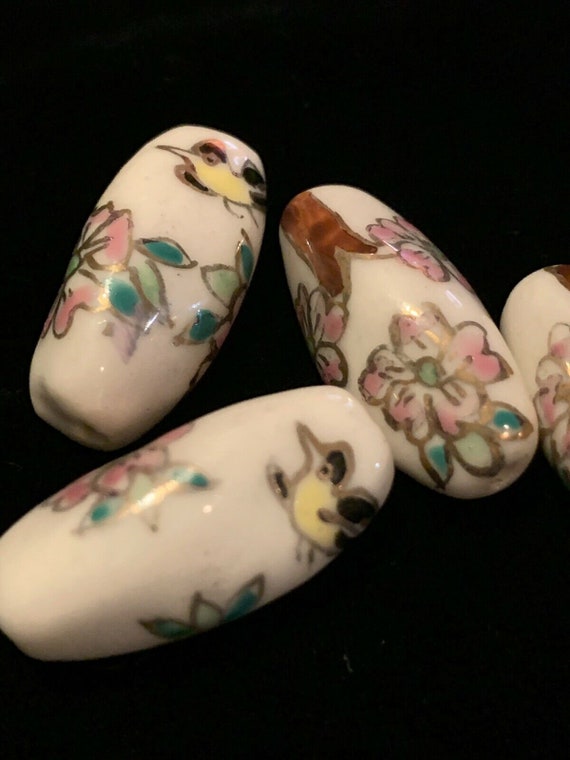 Hand Painted Porcelain Chinese Rare Vintage Bead Flower Blossoms Bird 24mm Tube