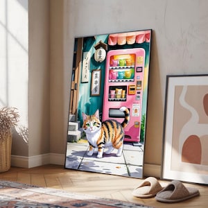 Calico Cat in Tokyo Wall Art – Japanese Street Scene Print with Vending Machine, Kawaii Anime Style Poster, Cat Lover Digital Download.