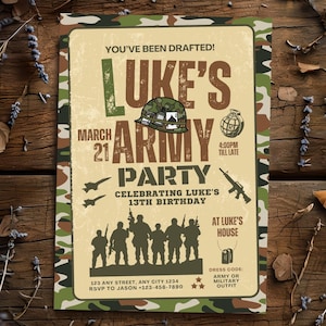 Editable Camo Army Birthday Party Invitation Template, You've Been Drafted, Soldier Invite, Army, Navy, Airforce, E-Invitation, Printable