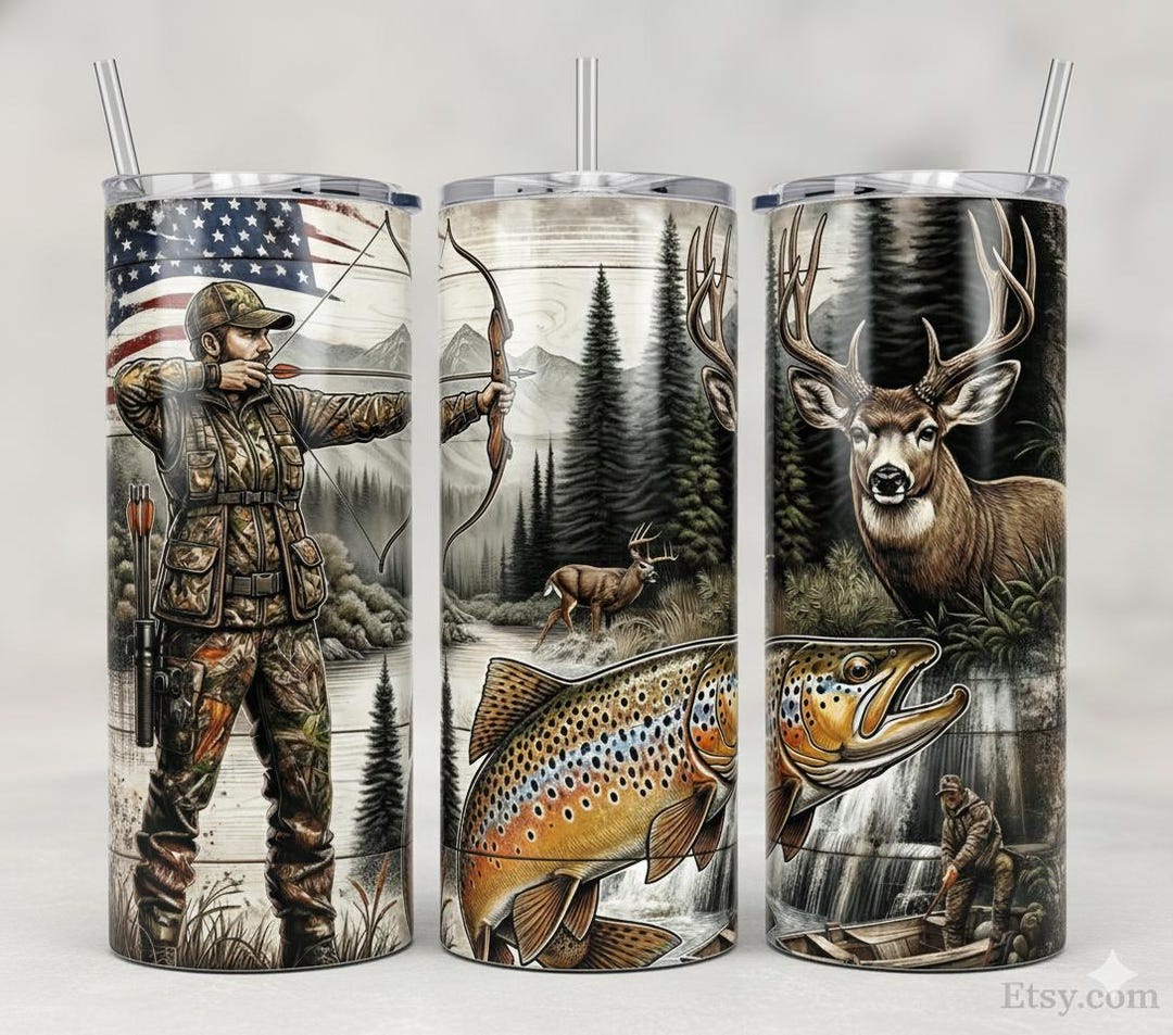 Hunting Tumbler Wrap PNG 20oz Skinny, Deer Trout Bow Hunter Lake ...
