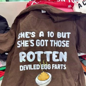 Può includere: T-shirt marrone con cappuccio con testo bianco: "SHE'S A 10 BUT SHE'S GOT THOSE ROTTEN DEVILED EGG FARTS". Sotto il testo c'è un'illustrazione di un uovo farcito. Altre magliette piegate sono visibili sullo sfondo.
